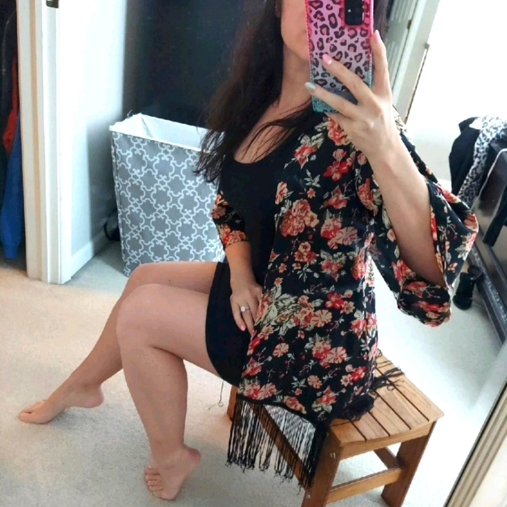 Floral fringe kimono cardigan